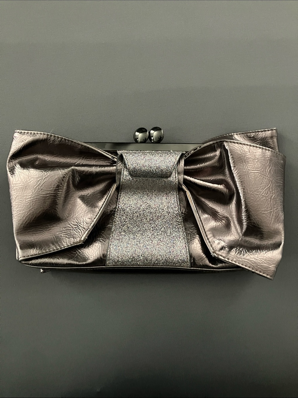 Metallic Silver Bow Clutch Handbag